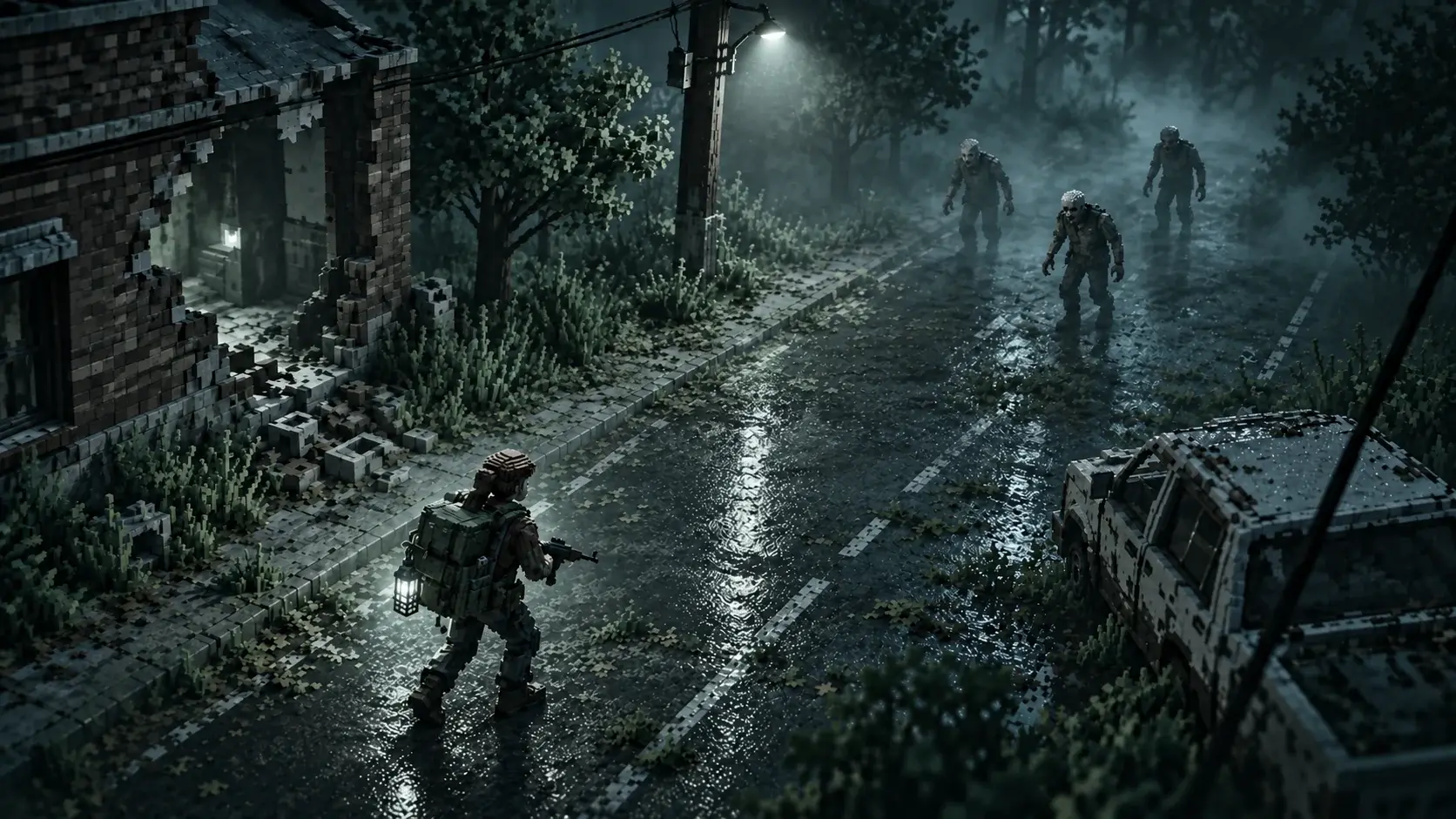 A lone survivor faces plague-infected creatures on an overgrown voxel street.